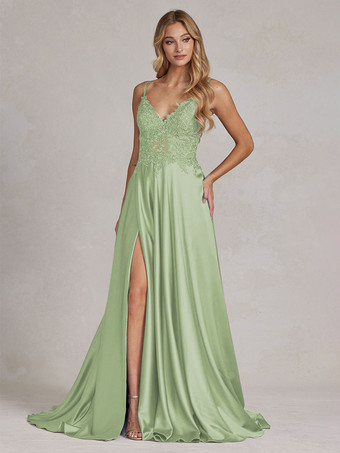 Verde pastelloAbito da sera Abiti da festa convenzionali in pizzo con scollo a V e scollo a V Personalizzazione gratuita