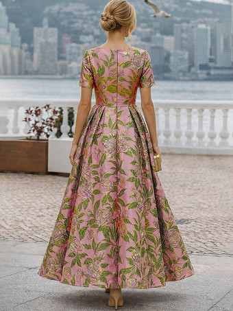 花嫁の母のためのパーティードレス　ジュエルネック　半袖　Aライン　結婚式ゲストドレス