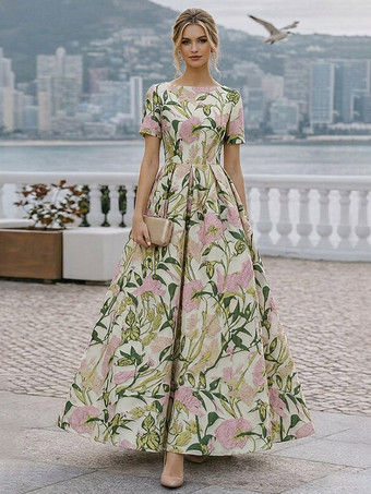 グリーン 花嫁の母のためのパーティードレス　ジュエルネック　半袖　Aライン　結婚式ゲストドレス