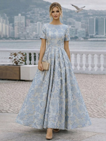 ベビーブルー花嫁の母のためのパーティードレス　ジュエルネック　半袖　Aライン　結婚式ゲストドレス