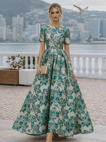 ダークグリーン花嫁の母のためのパーティードレス　ジュエルネック　半袖　Aライン　結婚式ゲストドレス