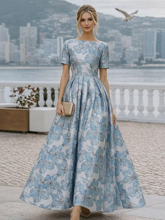 スカイブルー 花嫁の母のためのパーティードレス　ジュエルネック　半袖　Aライン　結婚式ゲストドレス