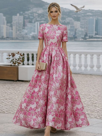 ローズレッド花嫁の母のためのパーティードレス　ジュエルネック　半袖　Aライン　結婚式ゲストドレス