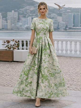 ライトグリーン 花嫁の母のためのパーティードレス　ジュエルネック　半袖　Aライン　結婚式ゲストドレス