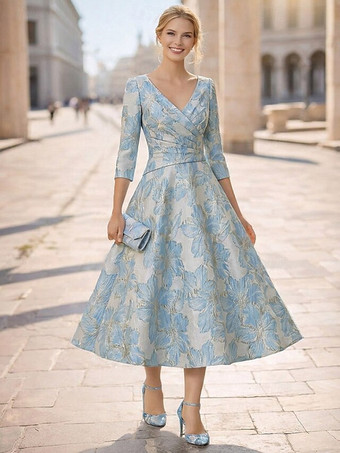 Bleu ClairRobe de mère à col en V manches 3/4 coupe trapèze plissée robe d'invitée pour mariage
