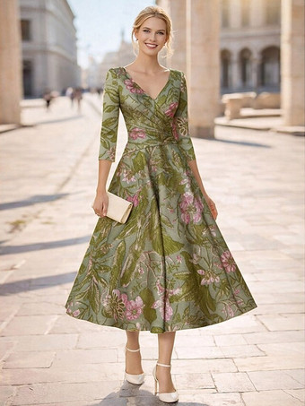 Avocat VertRobe de mère à col en V manches 3/4 coupe trapèze plissée robe d'invitée pour mariage