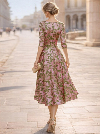 Robe de mère à col en V manches 3/4 coupe trapèze plissée robe d'invitée pour mariage