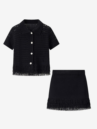 ブラック 2点セット レディース服 スカートセット ホワイト エレガント フリンジ付き 折り返しデザイン 長袖 セット