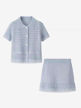 ブルー 2点セット レディース服 スカートセット ホワイト エレガント フリンジ付き 折り返しデザイン 長袖 セット
