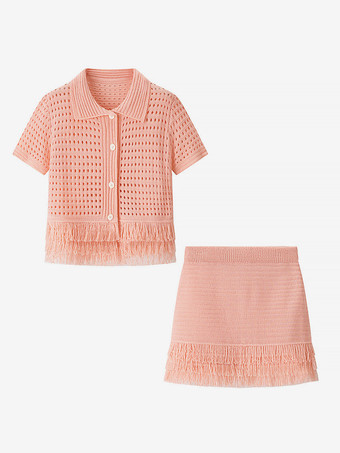 ピンク2点セット レディース服 スカートセット ホワイト エレガント フリンジ付き 折り返しデザイン 長袖 セット