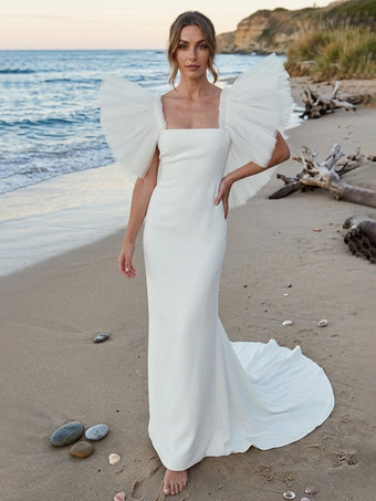 Ivoire Robe de mariée simple en polyester col carré manches courtes coupe sirène