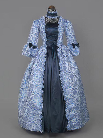 Blue Victorian Retro Tudor Dress  Costume Baroque Costume Dark Red Lace Ruffles Floral Print Vintage Victorian era Clothing with Choker Retro Outfits   Burgundy