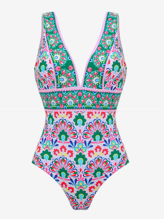 Ensemble maillot de bain vert sexy à lacets dos nu imprimé col en V sans manches
