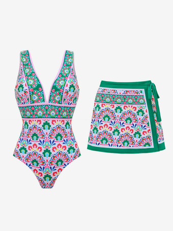 Ensemble maillot de bain vert sexy à lacets dos nu imprimé col en V sans manches