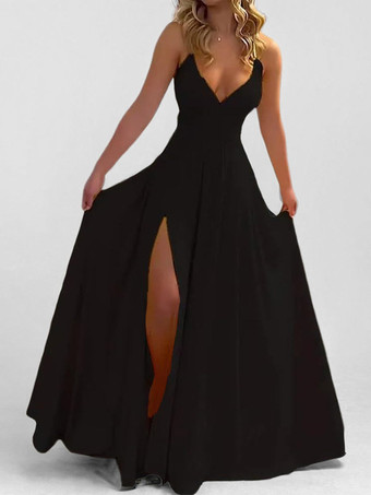 noir Robe longue rose poudré à col en V et bretelles fendue jusqu'à la cuisse pour femme