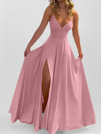 RoseRobe longue rose poudré à col en V et bretelles fendue jusqu'à la cuisse pour femme