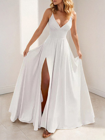 blanc Robe longue rose poudré à col en V et bretelles fendue jusqu'à la cuisse pour femme