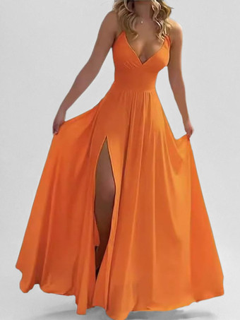 orange Robe longue rose poudré à col en V et bretelles fendue jusqu'à la cuisse pour femme