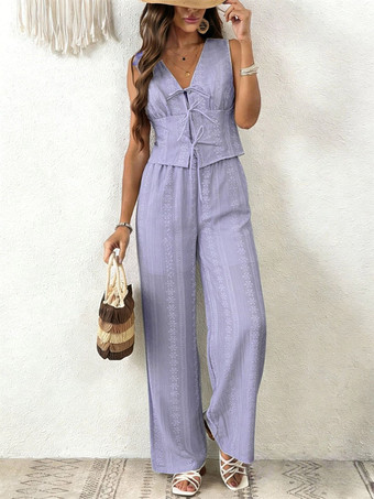 Lavande Ensemble 2 pièces : pantalon bleu ciel clair élégant style urbain haut à lacets et col en V sans manches.