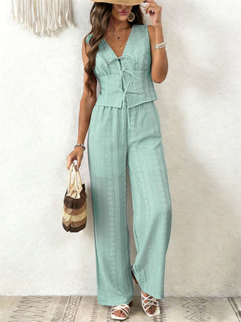 Menthe VerteEnsemble 2 pièces : pantalon bleu ciel clair élégant style urbain haut à lacets et col en V sans manches.