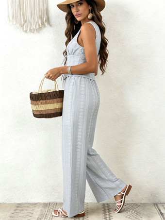 Ensemble 2 pièces : pantalon bleu ciel clair élégant style urbain haut à lacets et col en V sans manches.