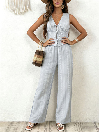 Ensemble 2 pièces : pantalon bleu ciel clair élégant style urbain haut à lacets et col en V sans manches.