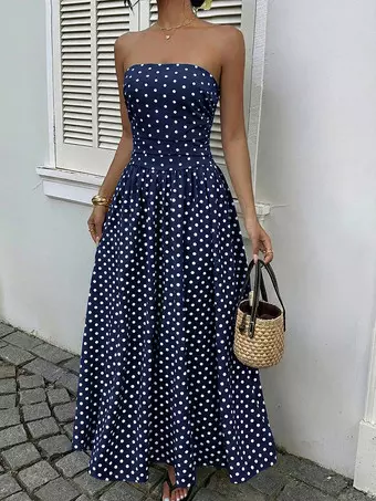 navy blue and white maxi dress Women's Navy Blue White Polka Dot Strapless Maxi Dress High Waisted A Line  Flowy Summer Dress