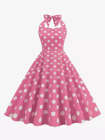 Vintage Chic Pink Polka Dot Halter Midi Dress - Milanoo.com