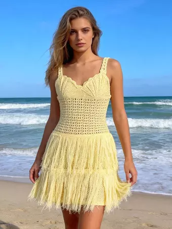 yellow crochet beach dress Creamy Yellow Crochet Fringe Cami Mini Dress For Women Boho Beach Style