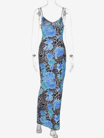 Robe longue bustier imprimée léopard bleu pour femme style urbain audacieux