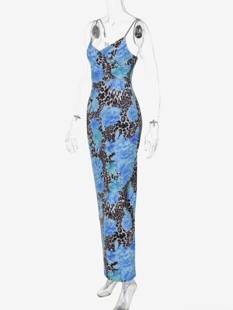 Robe longue bustier imprimée léopard bleu pour femme style urbain audacieux