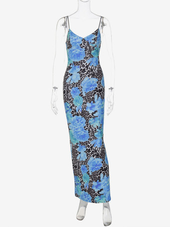 Robe longue bustier imprimée léopard bleu pour femme style urbain audacieux