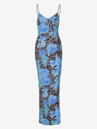 Robe longue bustier imprimée léopard bleu pour femme style urbain audacieux