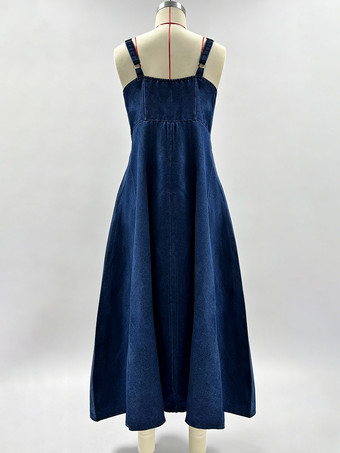 Robe midi bleu marine à bretelles spaghetti et col carré pour femme élégance classique