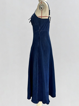 Robe midi bleu marine à bretelles spaghetti et col carré pour femme élégance classique