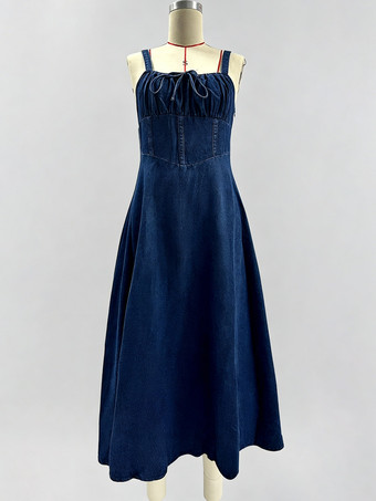 Robe midi bleu marine à bretelles spaghetti et col carré pour femme élégance classique