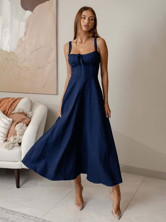 bleu foncé Robe midi bleu marine à bretelles spaghetti et col carré pour femme élégance classique