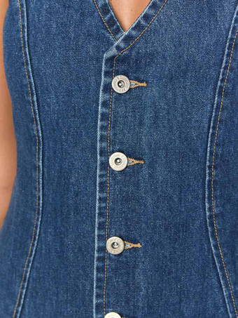 Robe mini en jean bleu marine à col V sans manches pour femme style rétro chic