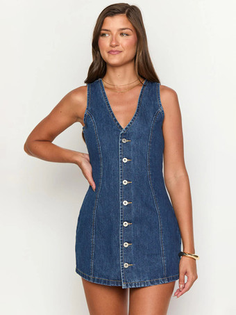bleu foncé Robe mini en jean bleu marine à col V sans manches pour femme style rétro chic