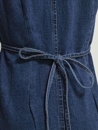 Robe mini en jean bleu marine à col V sans manches pour femme style rétro chic