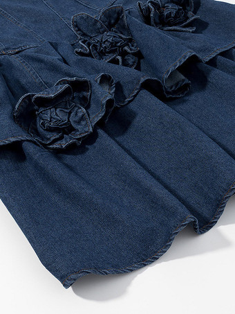 Robe mini en jean bleu marine sans manches avec ourlet à volants pour femme