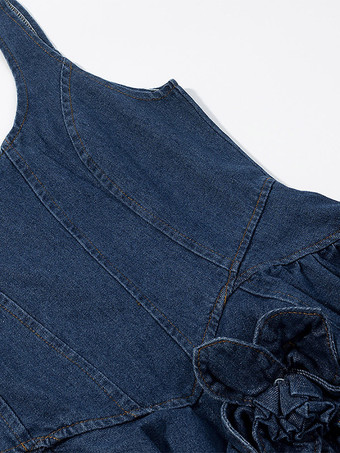 Robe mini en jean bleu marine sans manches avec ourlet à volants pour femme