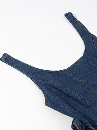 Robe mini en jean bleu marine sans manches avec ourlet à volants pour femme