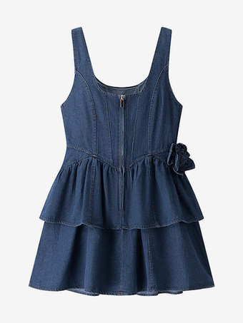 Robe mini en jean bleu marine sans manches avec ourlet à volants pour femme