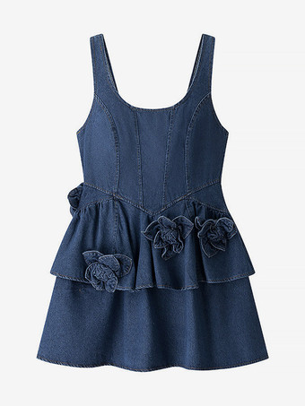 Robe mini en jean bleu marine sans manches avec ourlet à volants pour femme