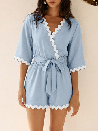 bleu Combinaison bleue à col V manches courtes sans bretelles en viscose coupe droite idéale pour l'été.