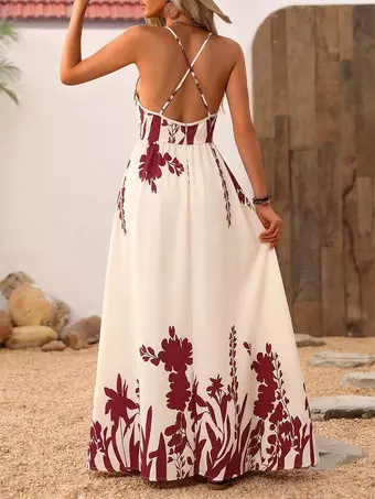 Women's Cream Burgundy Floral Print Spaghetti Strap Maxi Dress Deep V Neck  Flowy Summer Beach Dress - Milanoo.com