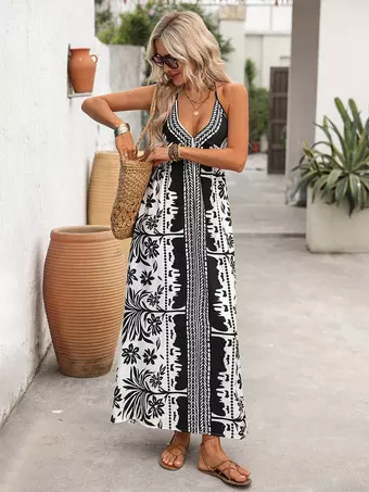 sachin and babi light blue dress Women's Black White Tropical Print Halter Maxi Dress V Neck Sleeveless  Flowy Summer Beach Dress