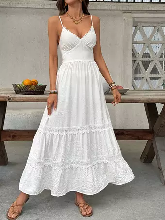 flowy white beach dress White Chiffon Lace A-line Spaghetti Straps Flowy Beach Wedding Dresses,  MW756