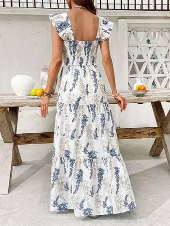 blue and white square dress Blue Printed Square Neck Short Dress | Women's Clothing